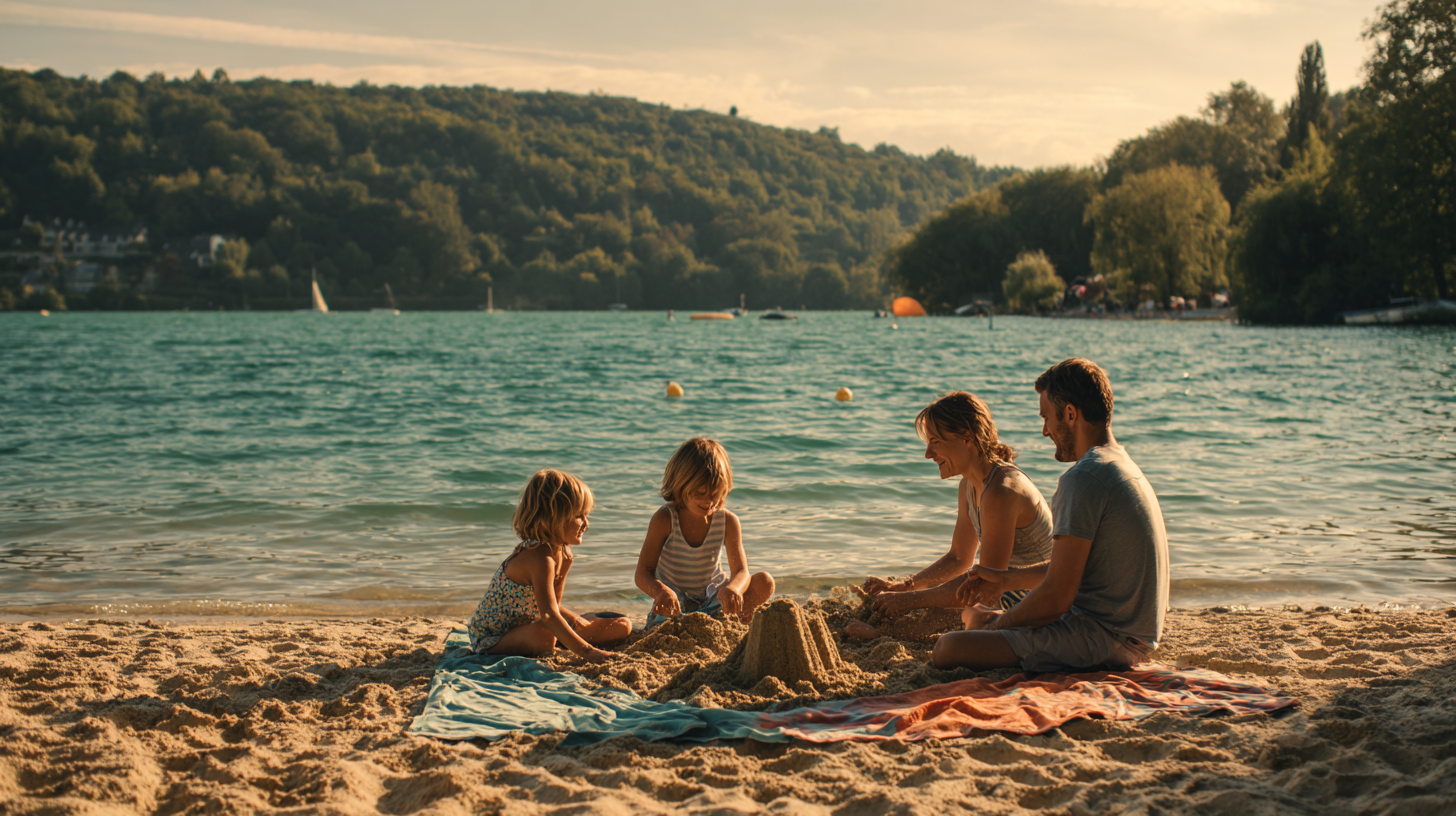 Famille sur la plage de la Plate Taille aux Lacs de l’Eau d’Heure