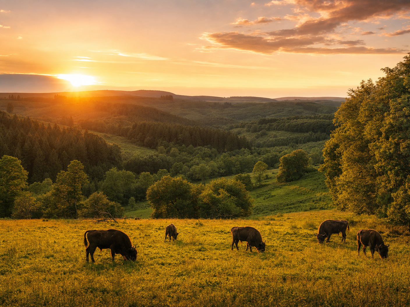 Troupeau de bisons européens paissant dans les Ardennes belges au coucher du soleil