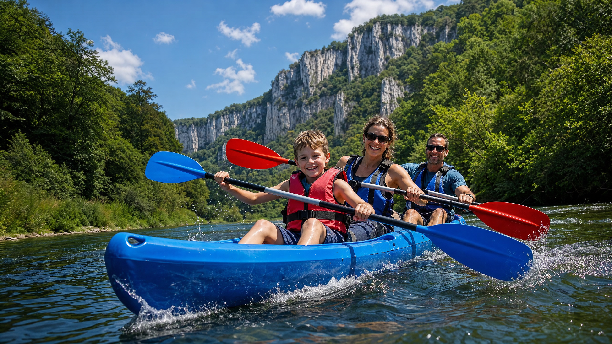 Famille souriante en kayak bleu sur la Lesse, avec falaises calcaires en arrière-plan
