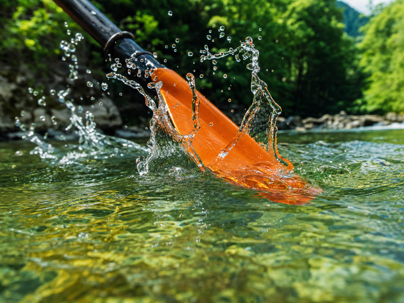 Gros plan d'une pagaie orange plongeant dans les eaux cristallines de la Lesse ardennaise