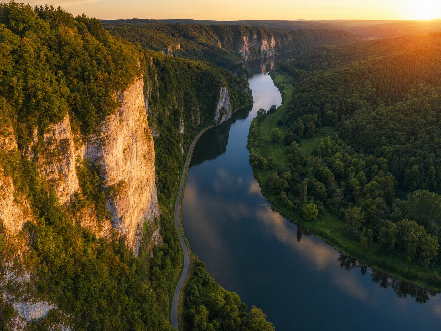 Vue aérienne de la vallée de la Meuse dans les Ardennes belges avec la piste cyclable RAVeL visible