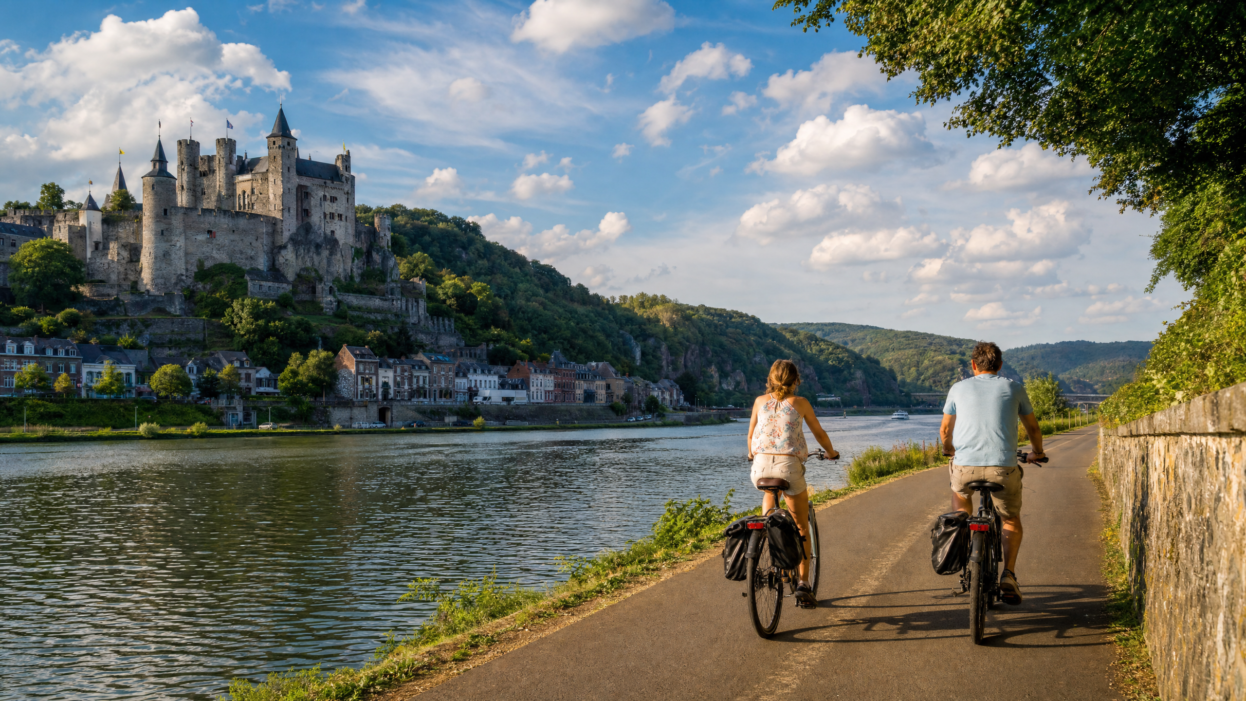 Couple à vélo sur la piste cyclable RAVeL longeant la Meuse avec un château médiéval en fond