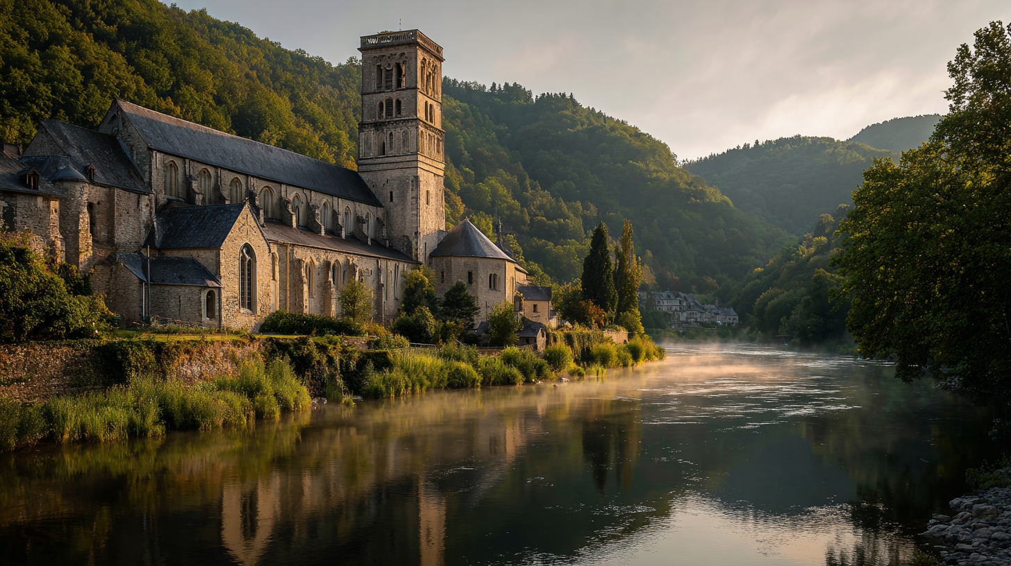 Abbatiale romane d'Hastière au bord de la Meuse