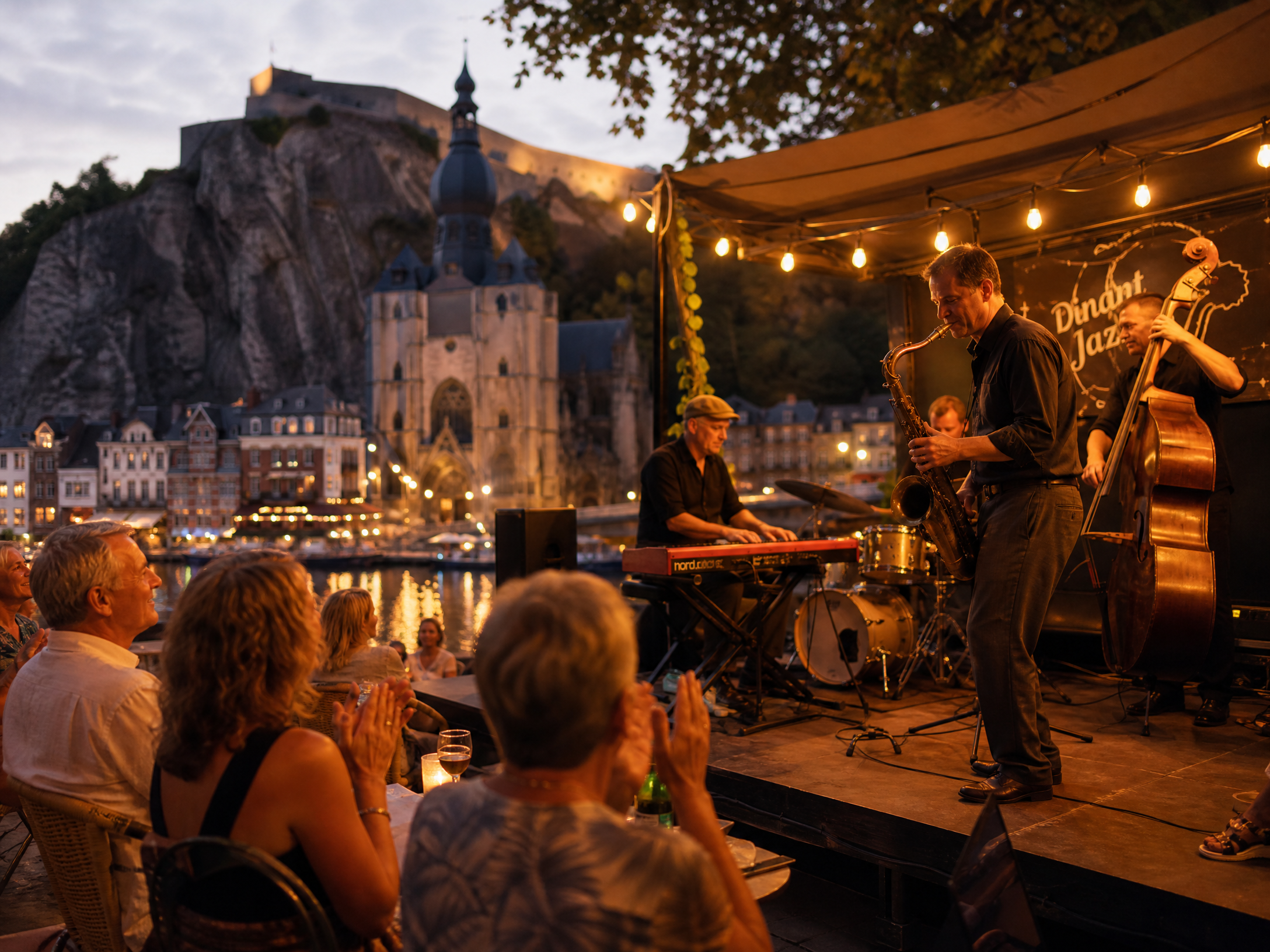 Groupe de jazz en concert en plein air à Dinant le soir