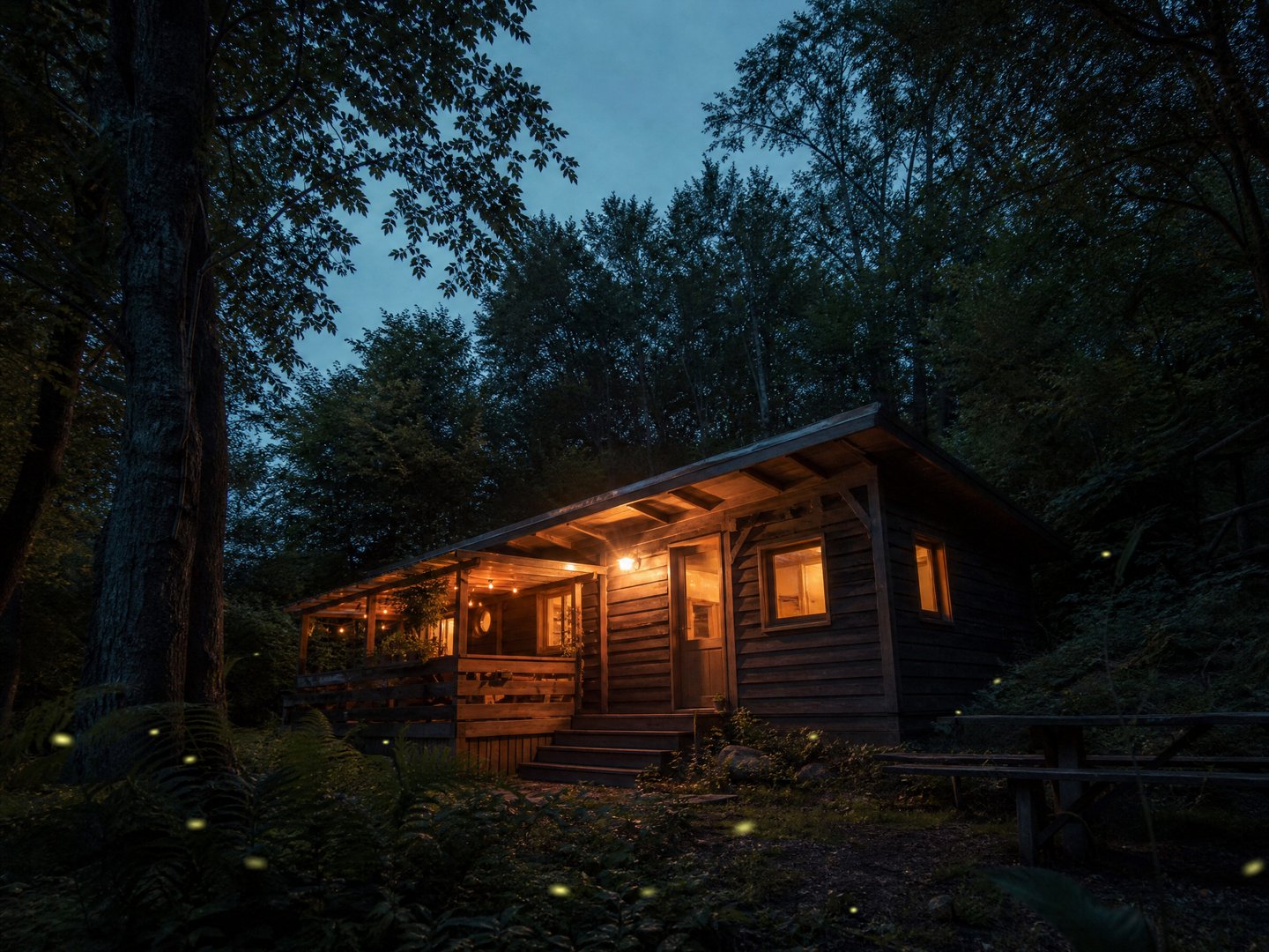 Bungalow en bois dans la forêt ardennaise au crépuscule