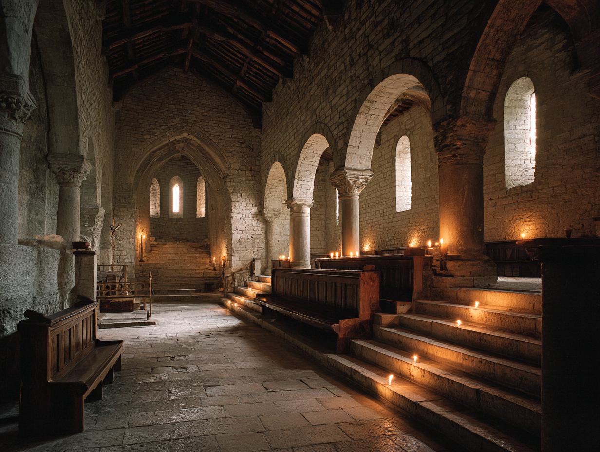 Intérieur roman de la collégiale Saint-Hadelin de Celles