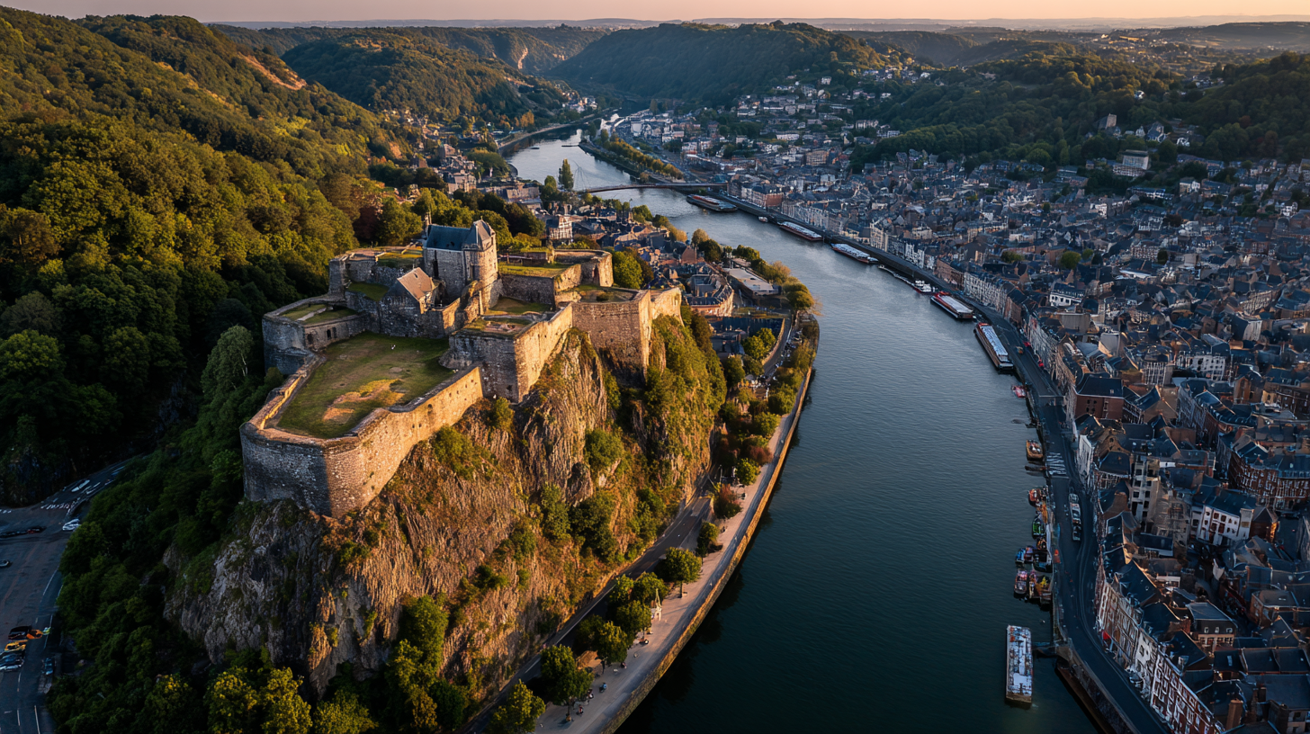 Vue aérienne de la Citadelle de Namur au confluent de la Sambre et de la Meuse