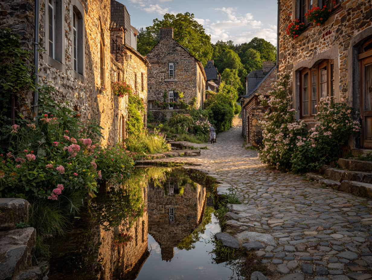 Ruelle pavée et donjon-ferme dans un village de Wallonie