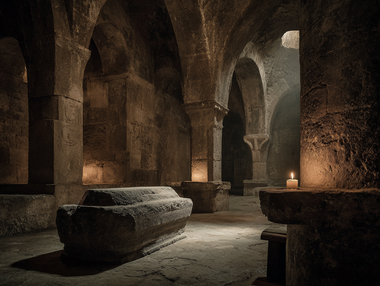 Crypte romane et sarcophages de l'abbatiale d'Hastière