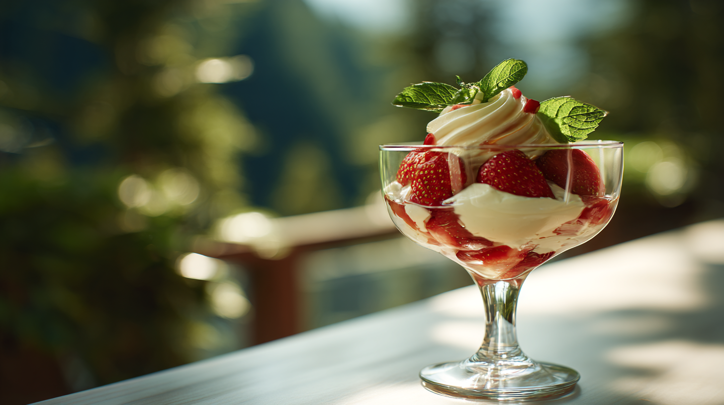 Coupe de fraises fraîches et crème sur la terrasse du bungalow