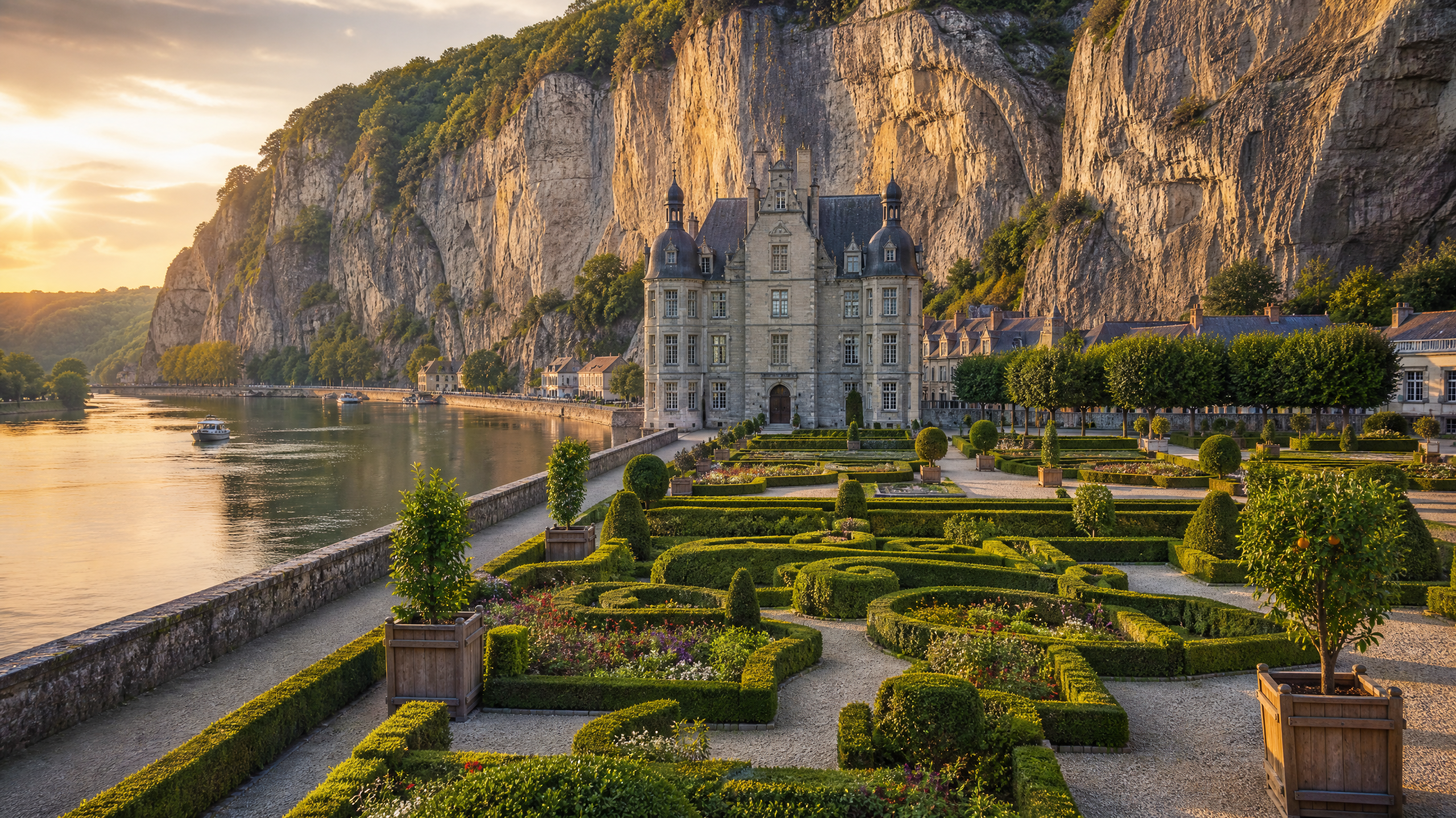 Vue du Château de Freÿr et ses jardins à la française au bord de la Meuse