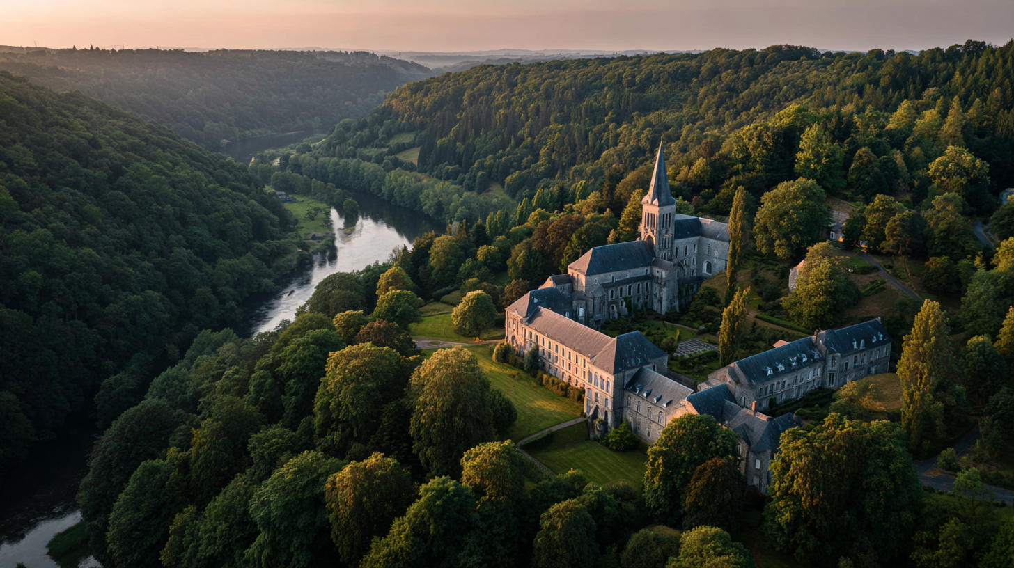 Vue aérienne de l’Abbaye de Floreffe dominant la vallée de la Sambre