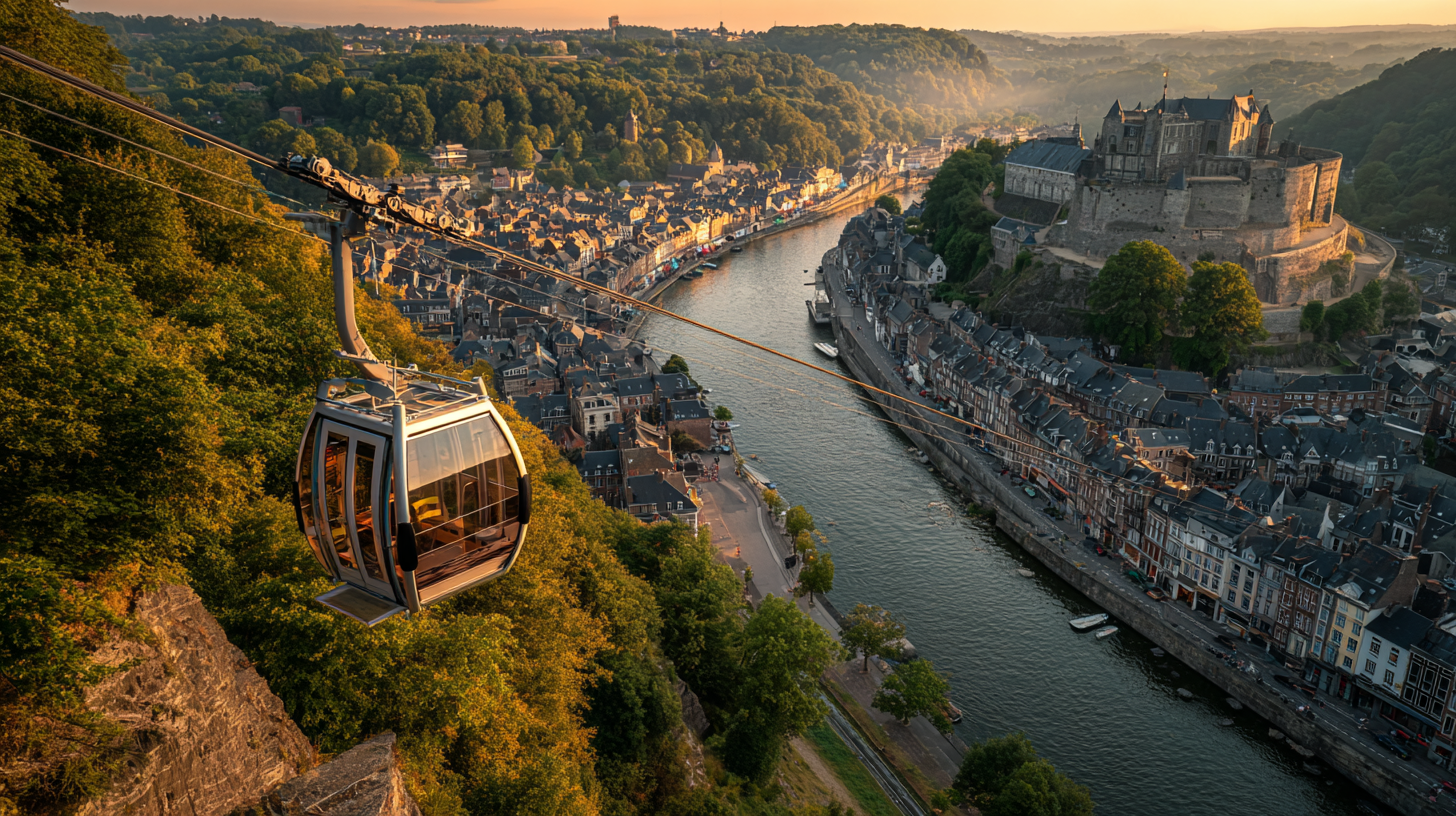 Téléphérique de Namur survolant la Meuse avec la Citadelle en arrière-plan