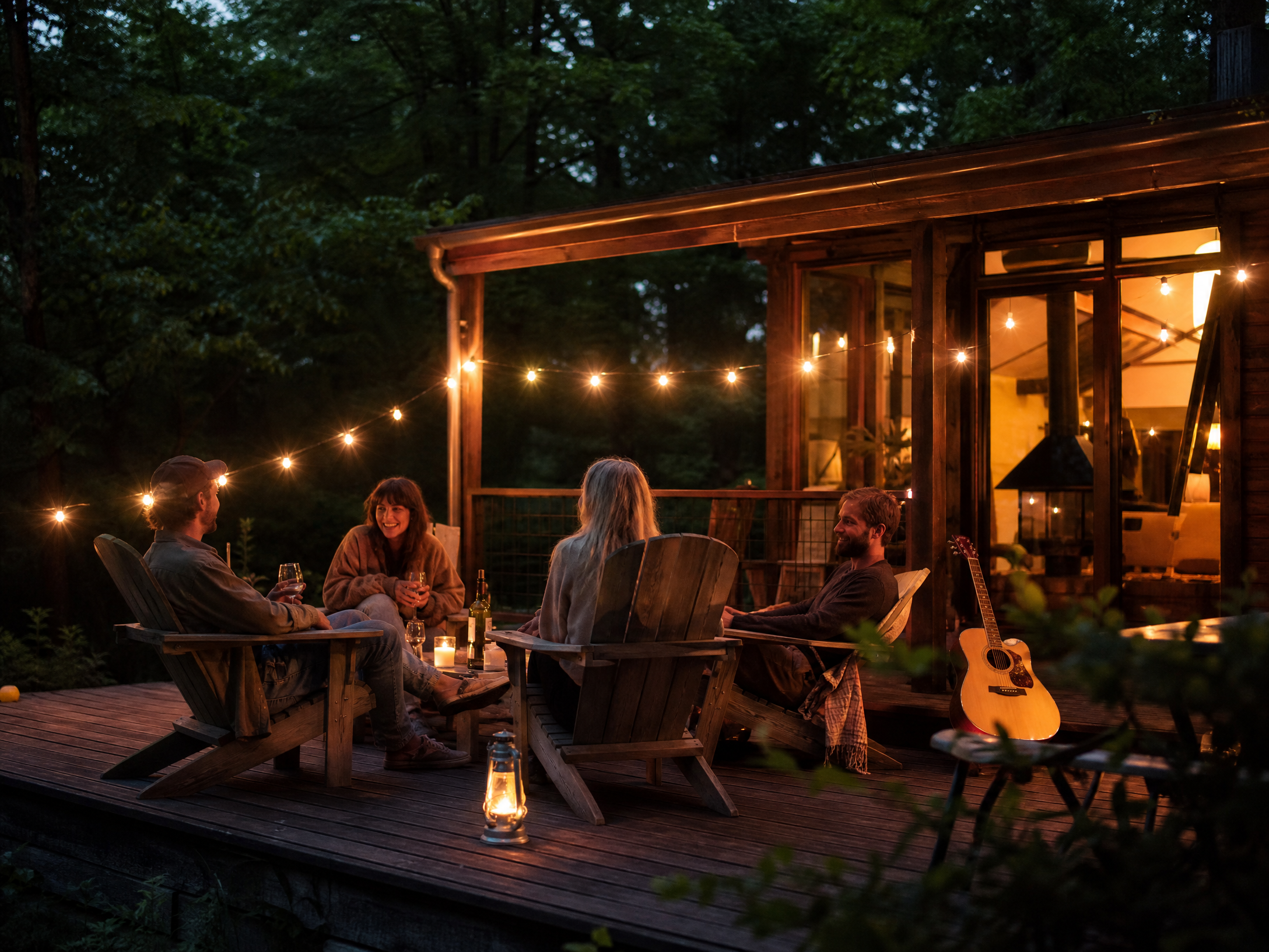 Amis sur la terrasse d'un bungalow dans les Ardennes après un festival