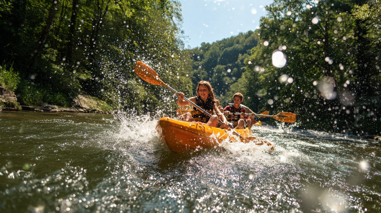 Famille en kayak franchissant un petit barrage sur la Lesse