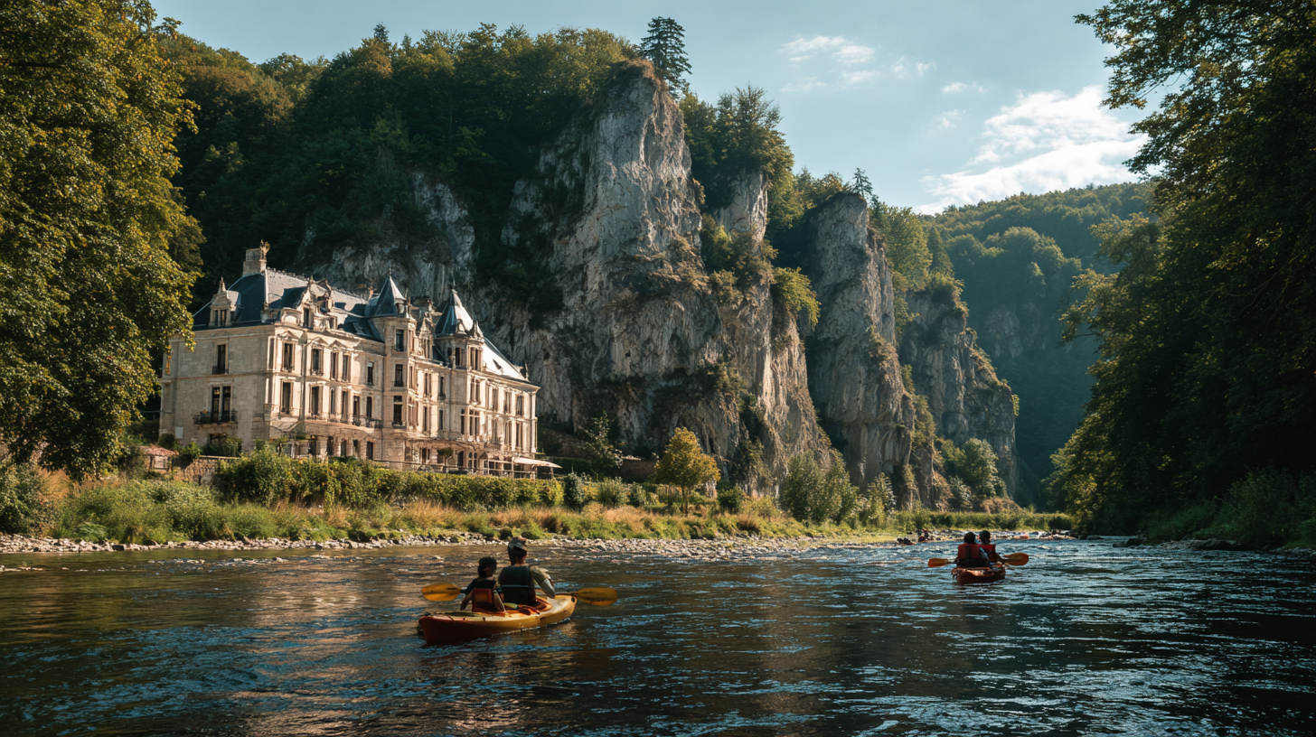 Kayaks sur la Lesse au pied du château de Walzin dans les Ardennes belges