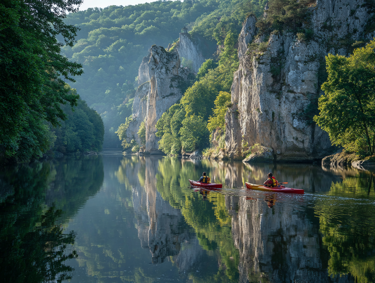 Kayaks sur la Lesse entre falaises calcaires et forêt dans la réserve naturelle