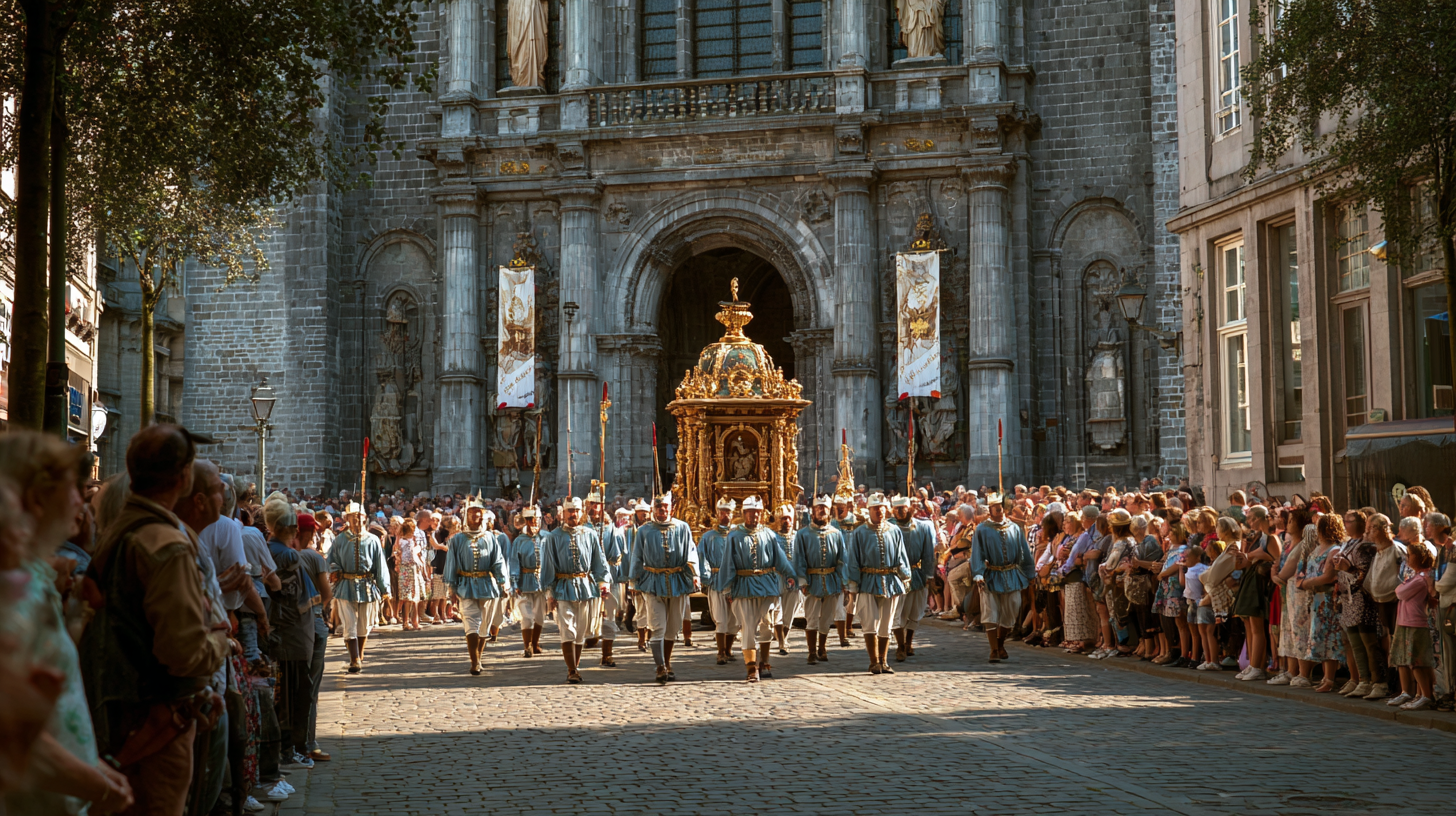 Procession de la chasse de saint Feuillen devant la collegiale de Fosses-la-Ville