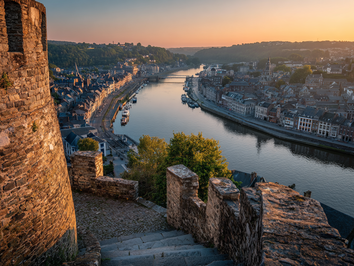 Confluence de la Sambre et de la Meuse à Namur au coucher du soleil depuis les remparts