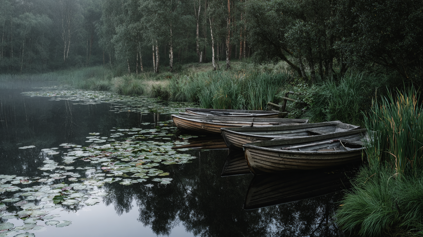 Barques en bois amarrées sur un étang forestier au petit matin à Chevetogne