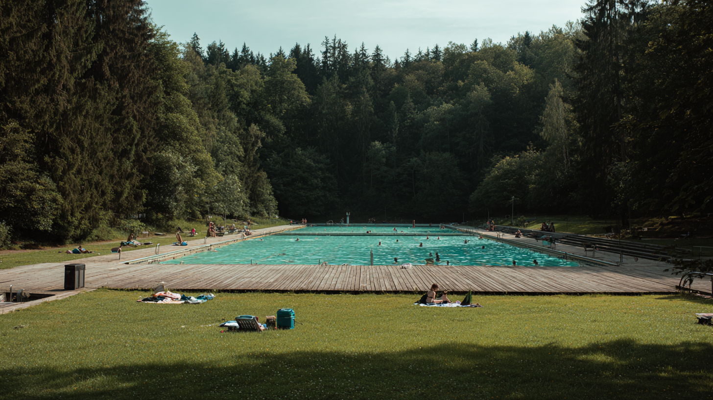 Piscines de plein air du Domaine provincial de Chevetogne entourees de hetres en ete