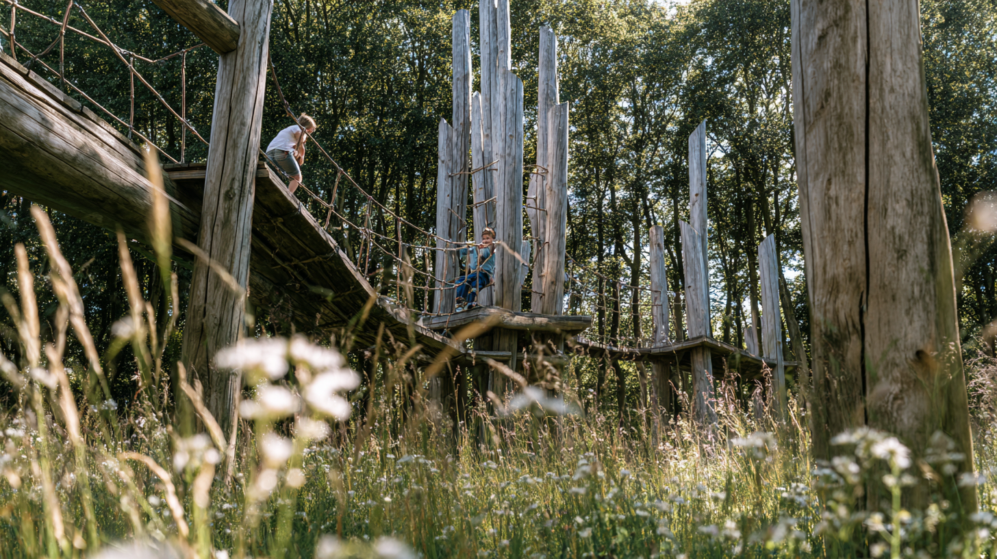 Plaine de jeux en bois du Domaine de Chevetogne dans une clairière forestière