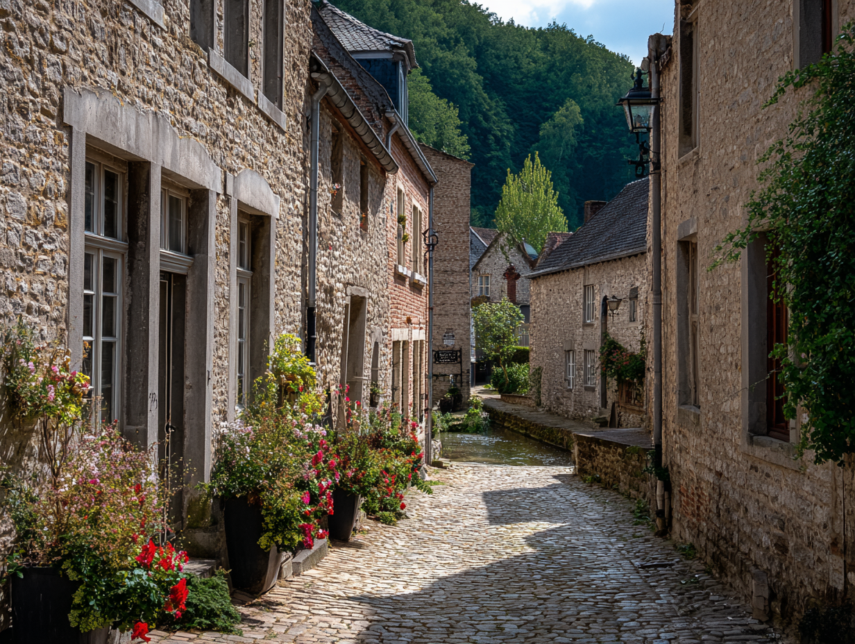 Ruelle pavée de Crupet longée d'un ruisseau, maisons de grès et de calcaire