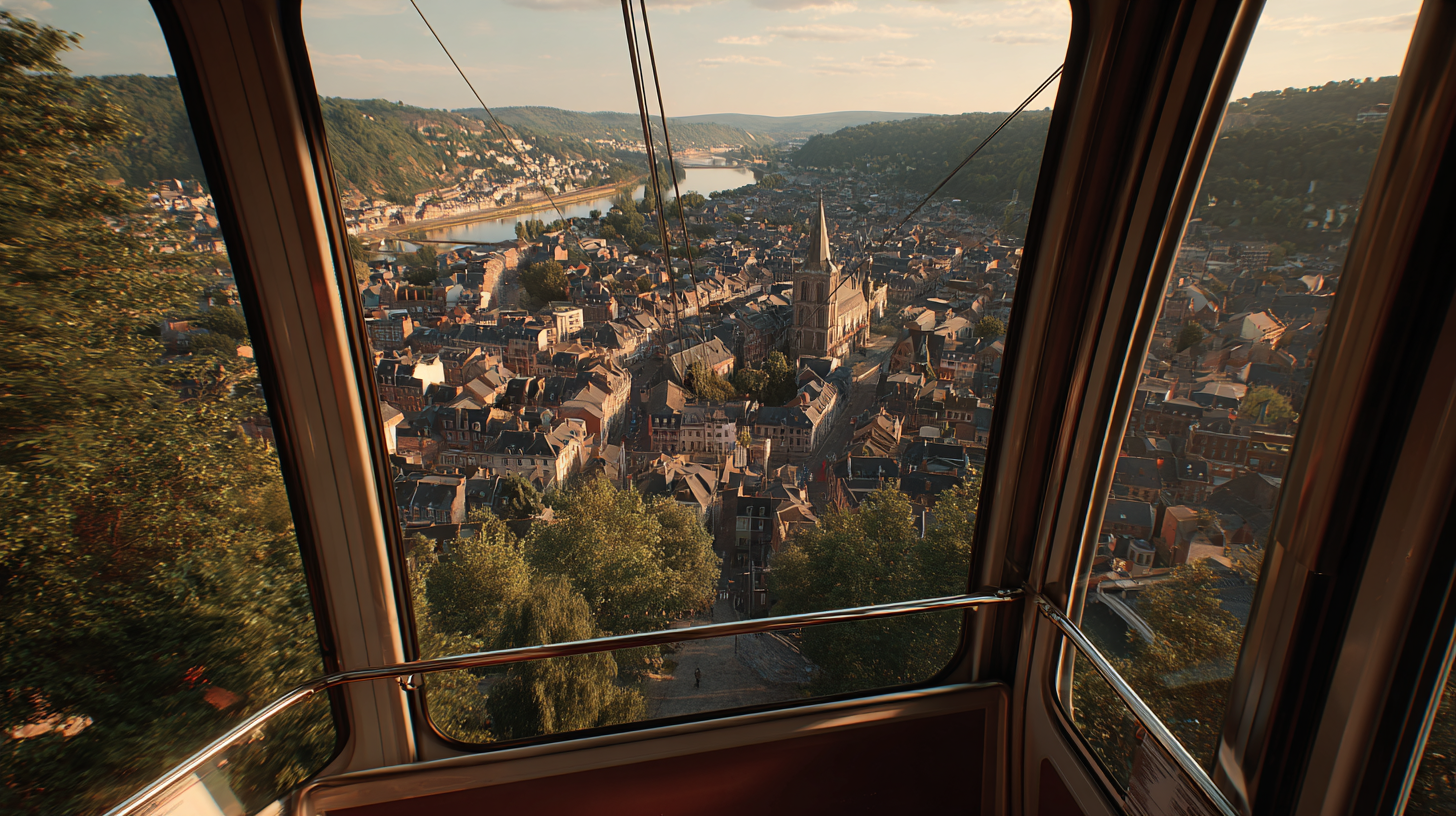 Vue depuis la cabine du téléphérique de Namur sur la vallée de la Meuse