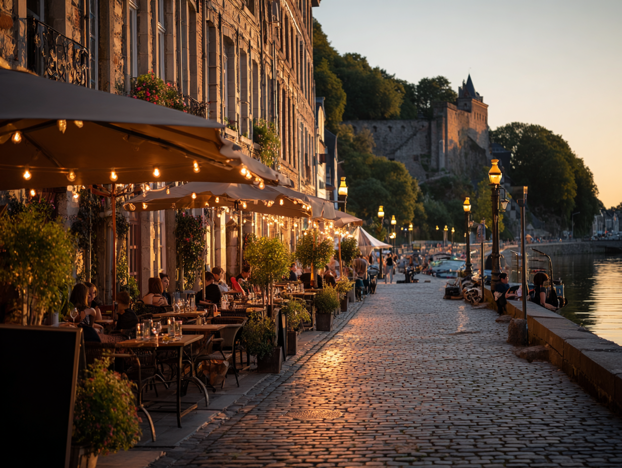 Terrasse guinguette au bord de la Meuse à Namur en soirée d’été