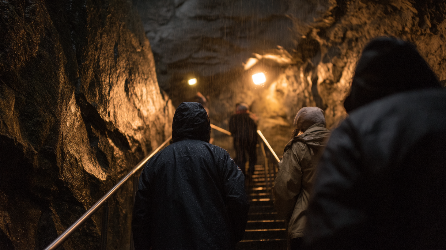 Visiteurs descendant un escalier de pierre humide dans la Grotte de Lorette à Rochefort