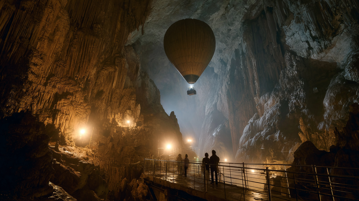 Montgolfiere s'elevant dans la salle du Sabbat de la Grotte de Lorette a Rochefort