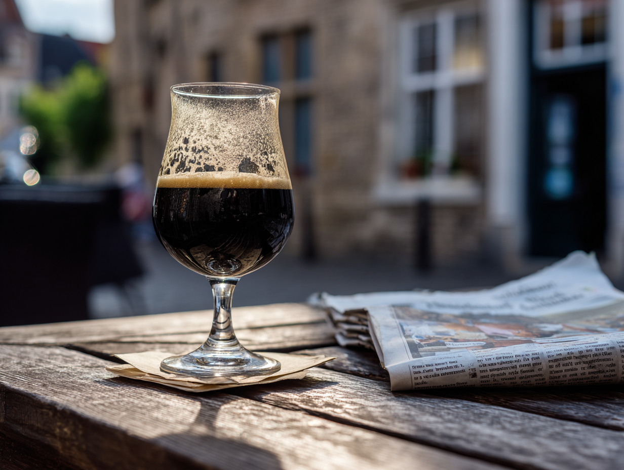 Bière trappiste servie dans son verre calice sur une terrasse à Rochefort