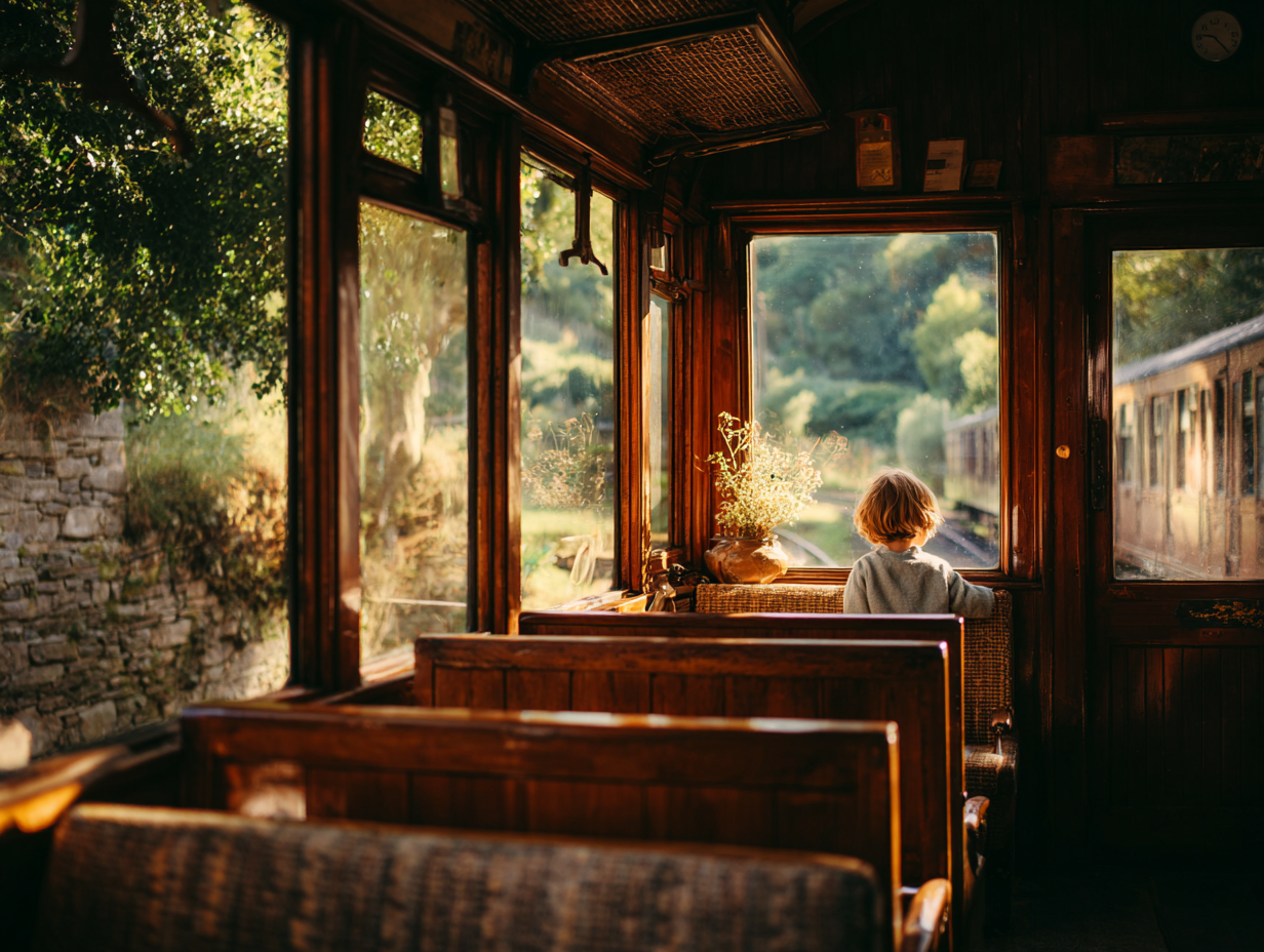 Intérieur d’un wagon en bois du train à vapeur avec vue sur le Viroin
