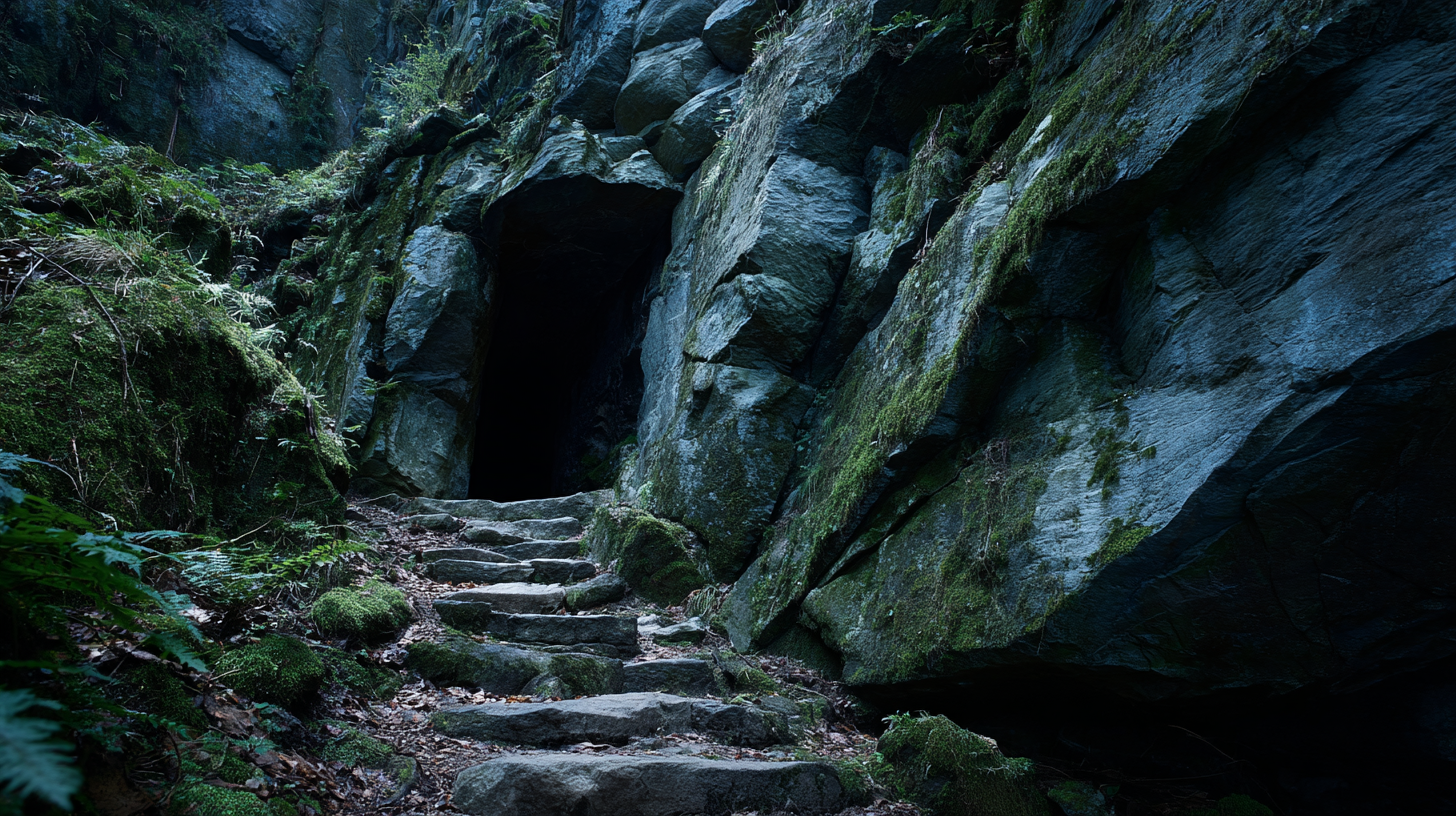 Entrée de grotte dans une falaise calcaire moussue à Furfooz