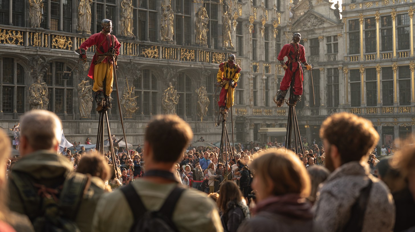 Joute des echasseurs namurois devant la foule lors des Fetes de Wallonie a Namur