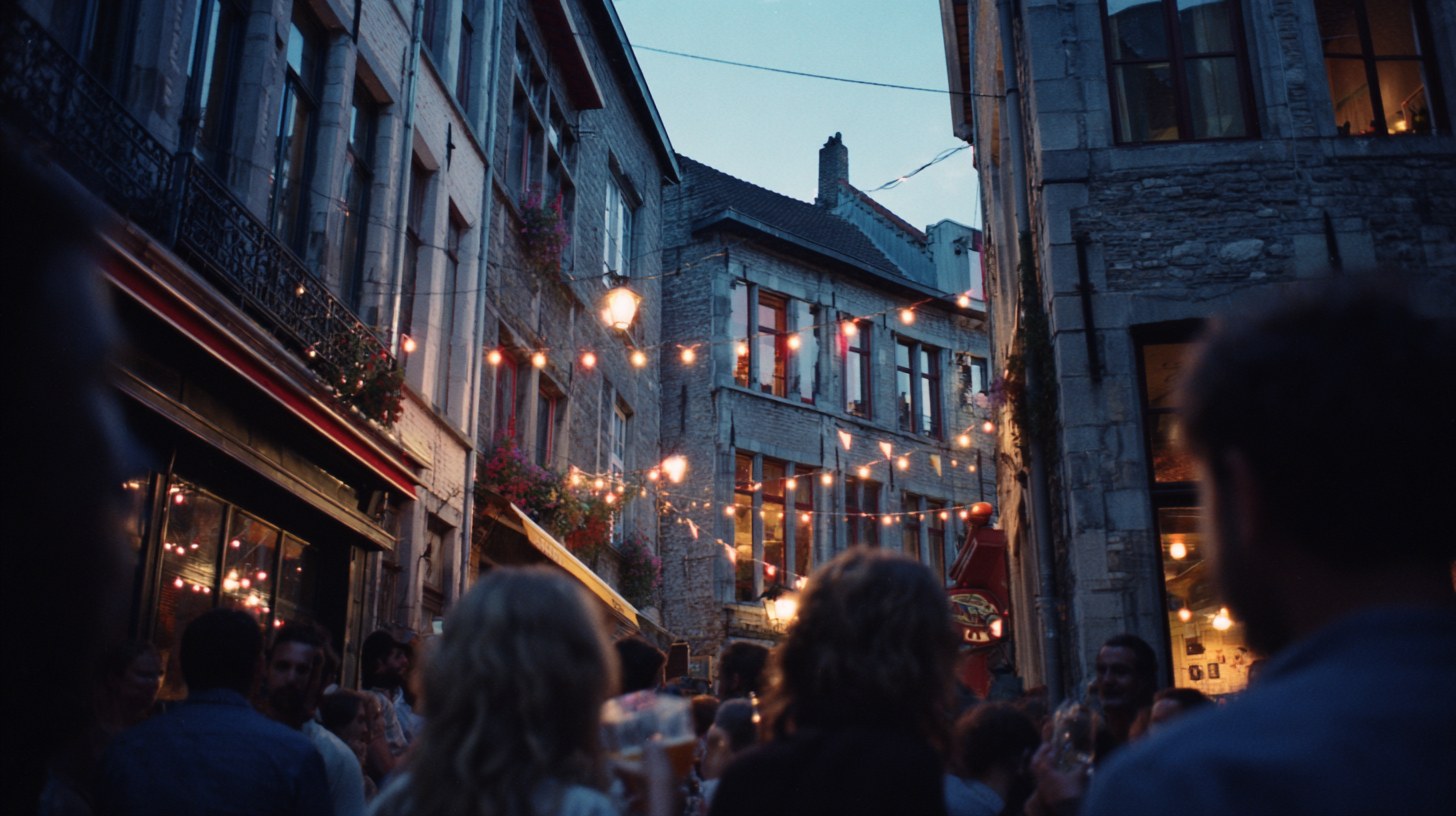 Rue pavée illuminée de guirlandes et terrasses bondées dans un quartier en fête à Namur
