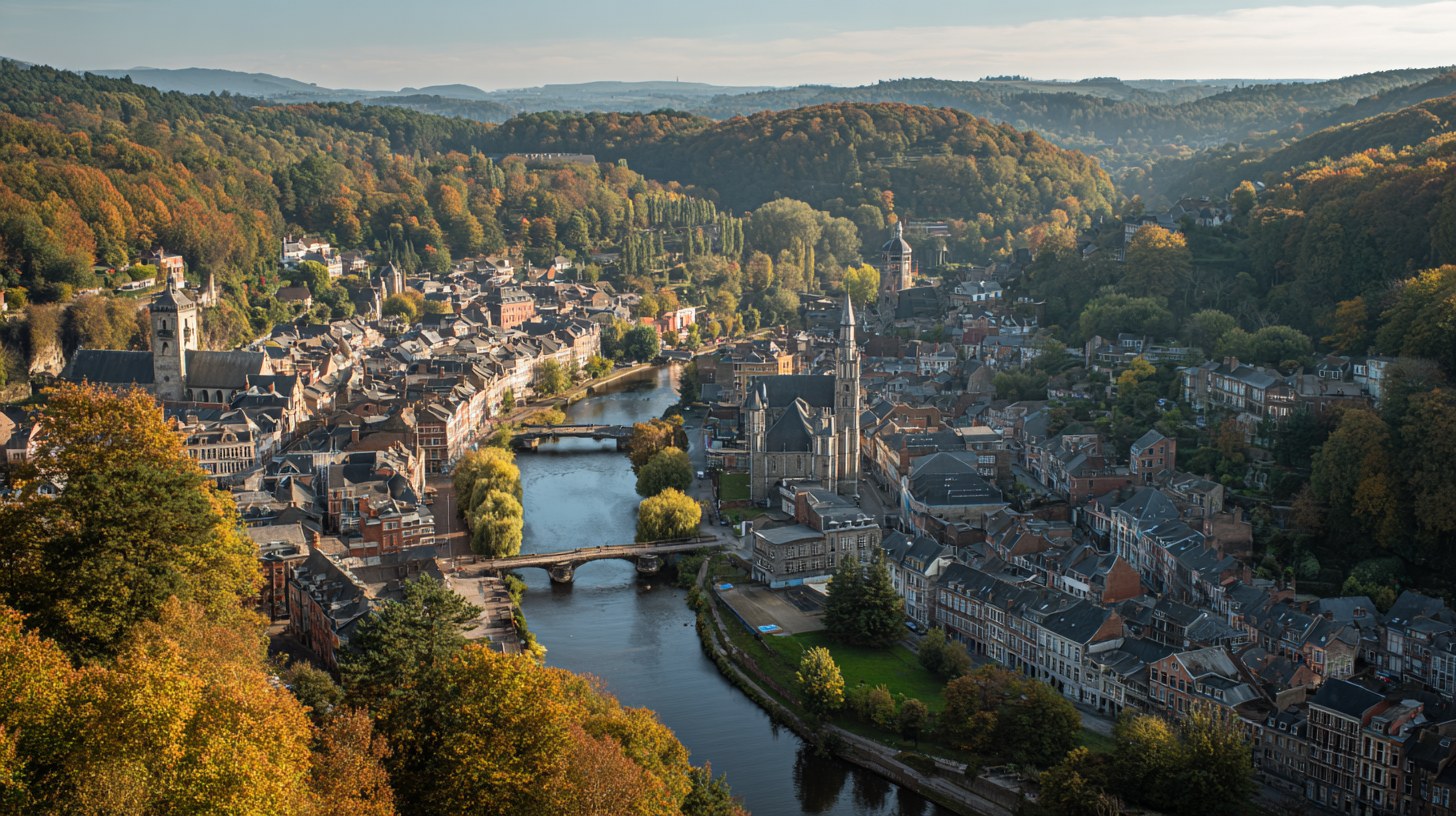Vue plongeante sur une ville mosane et ses ponts au début de l'automne depuis la citadelle