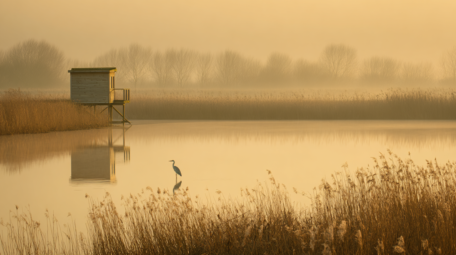 Brume matinale sur l'etang de Virelles avec un heron cendre et un observatoire en bois