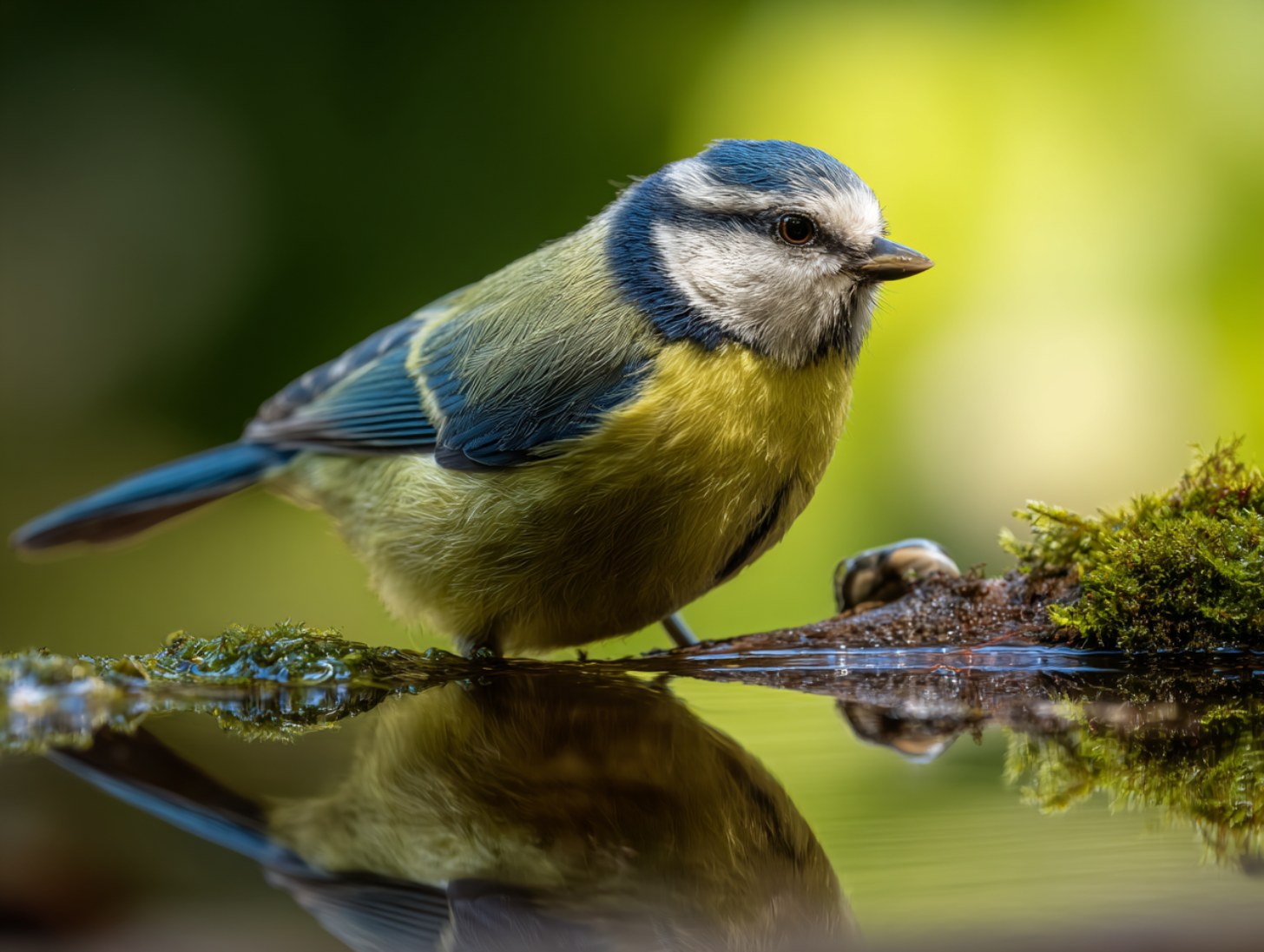 Mésange bleue buvant à un point d'eau, observée depuis la Drink Station de l'Aquascope Virelles
