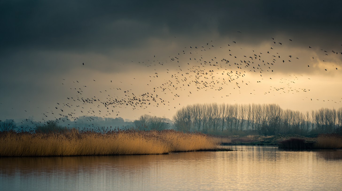 Vol d'oiseaux migrateurs au-dessus des roselières de l'étang de Virelles en septembre