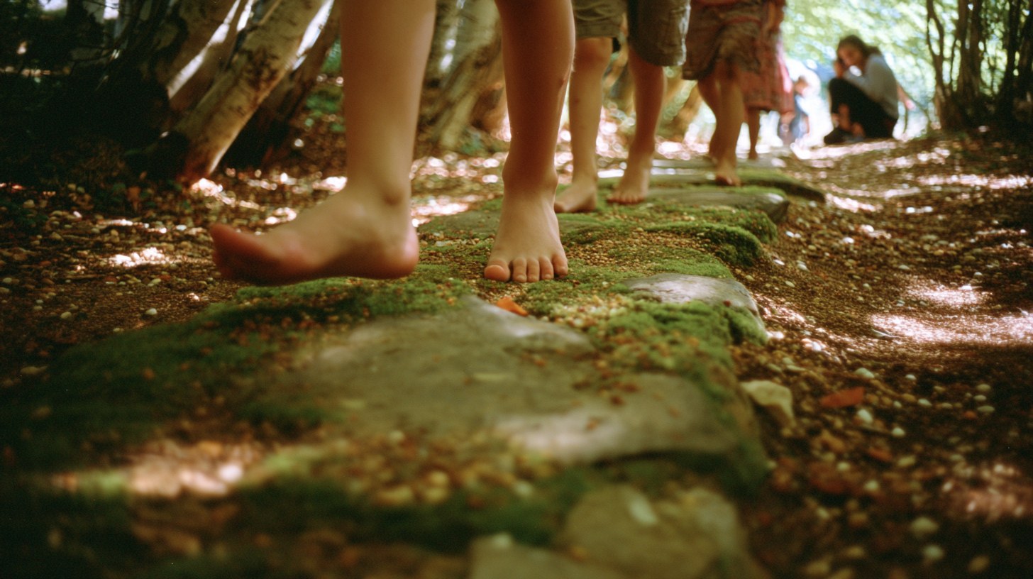 Pieds nus sur le sentier des sens de l'Aquascope Virelles, entre mousse et galets