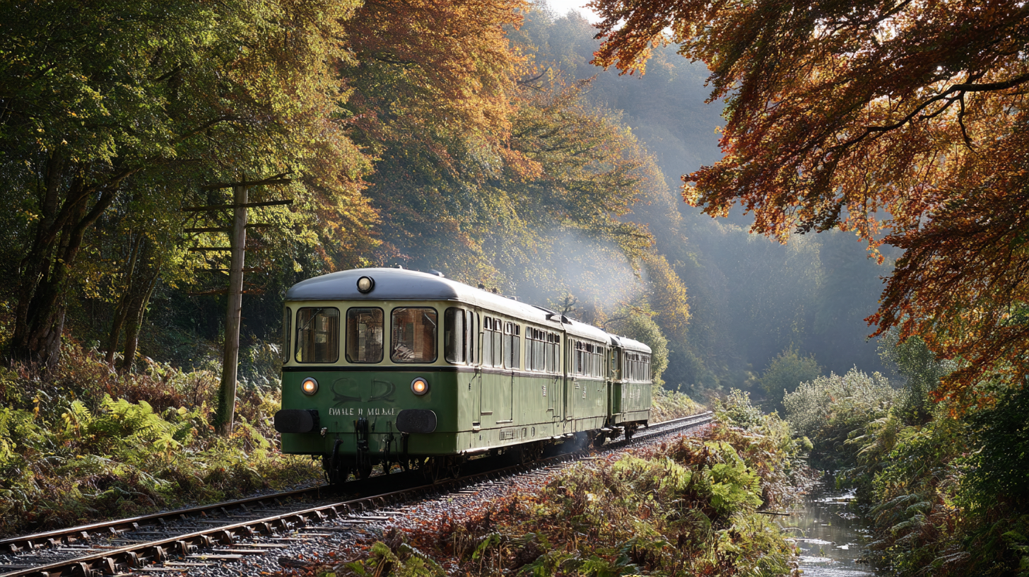 Autorail vintage des annees 1950 traversant la vallee boisee du Bocq en automne