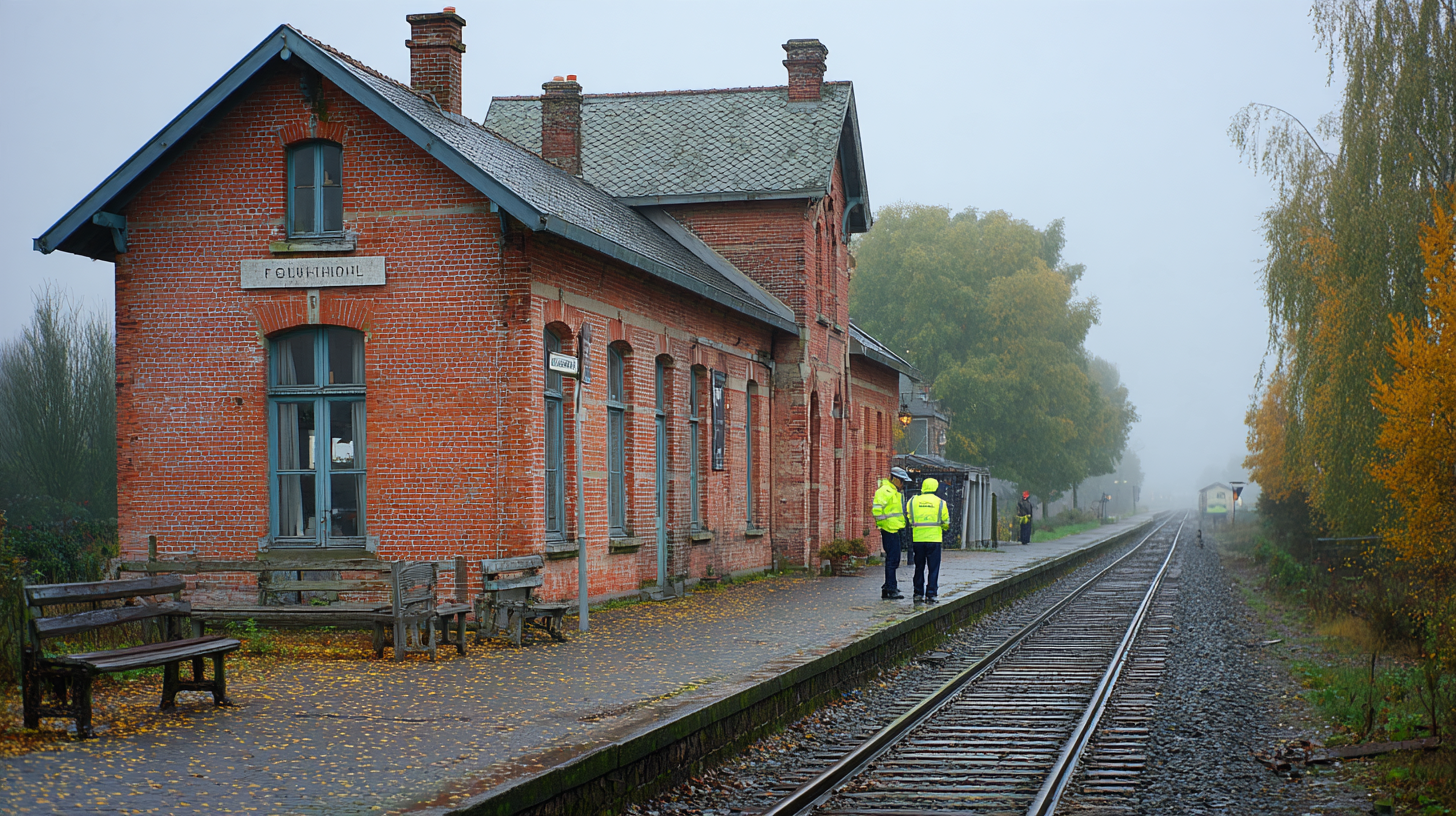 Petite gare belge en brique rouge un matin d automne, feuilles sur le quai