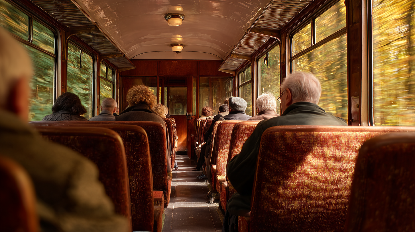 Intérieur boisé d un autorail des années 1950 et forêt dorée derrière les vitres