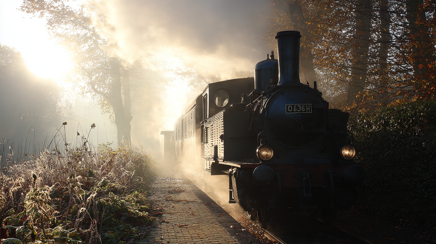 Locomotive à vapeur noire dans la brume matinale d automne