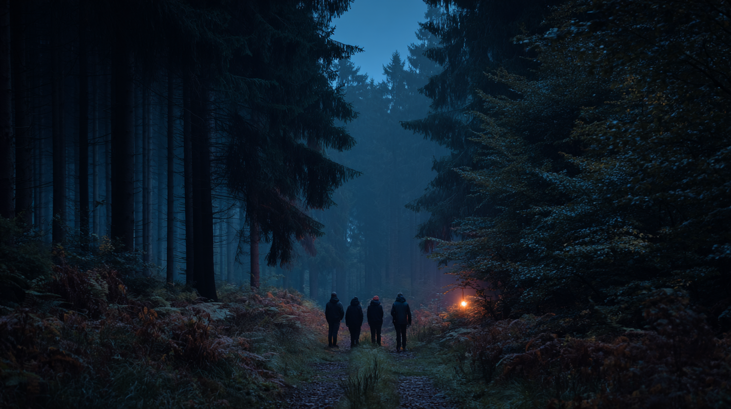 Groupe de marcheurs écoutant le brame du cerf à la tombée de la nuit en forêt ardennaise