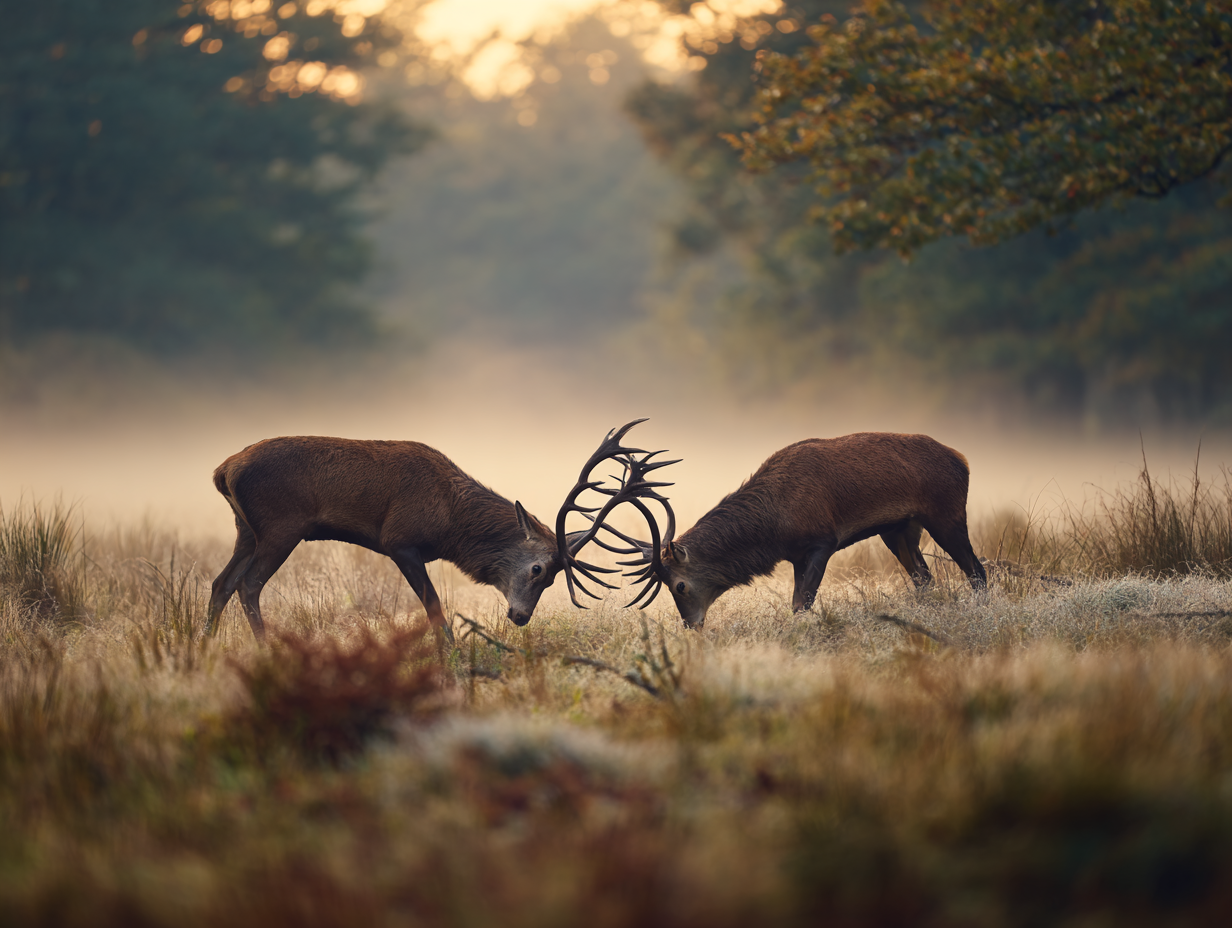 Deux cerfs combattant dans la brume au lever du jour