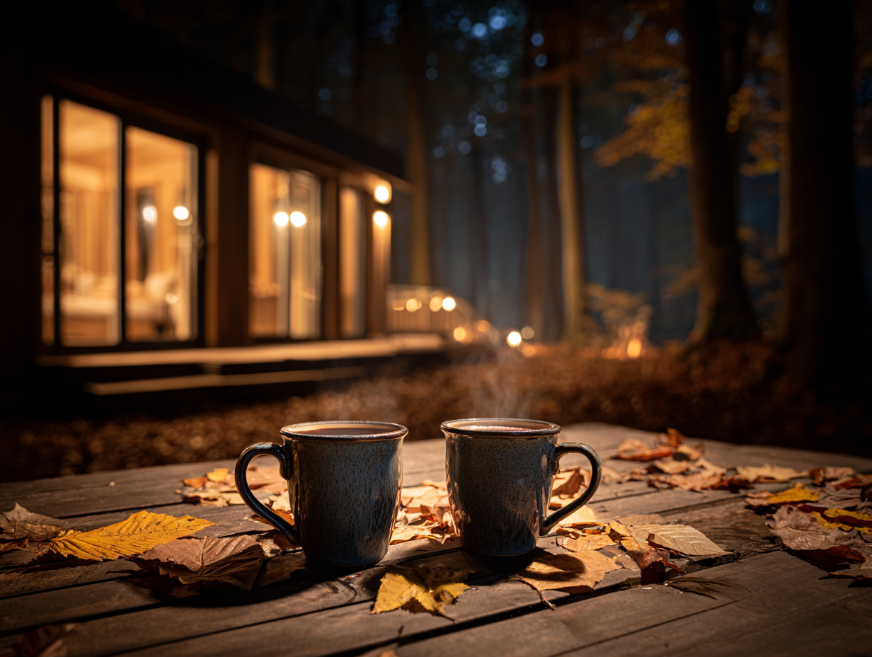 Terrasse chaleureuse d'un bungalow en bois le soir en automne dans les Ardennes