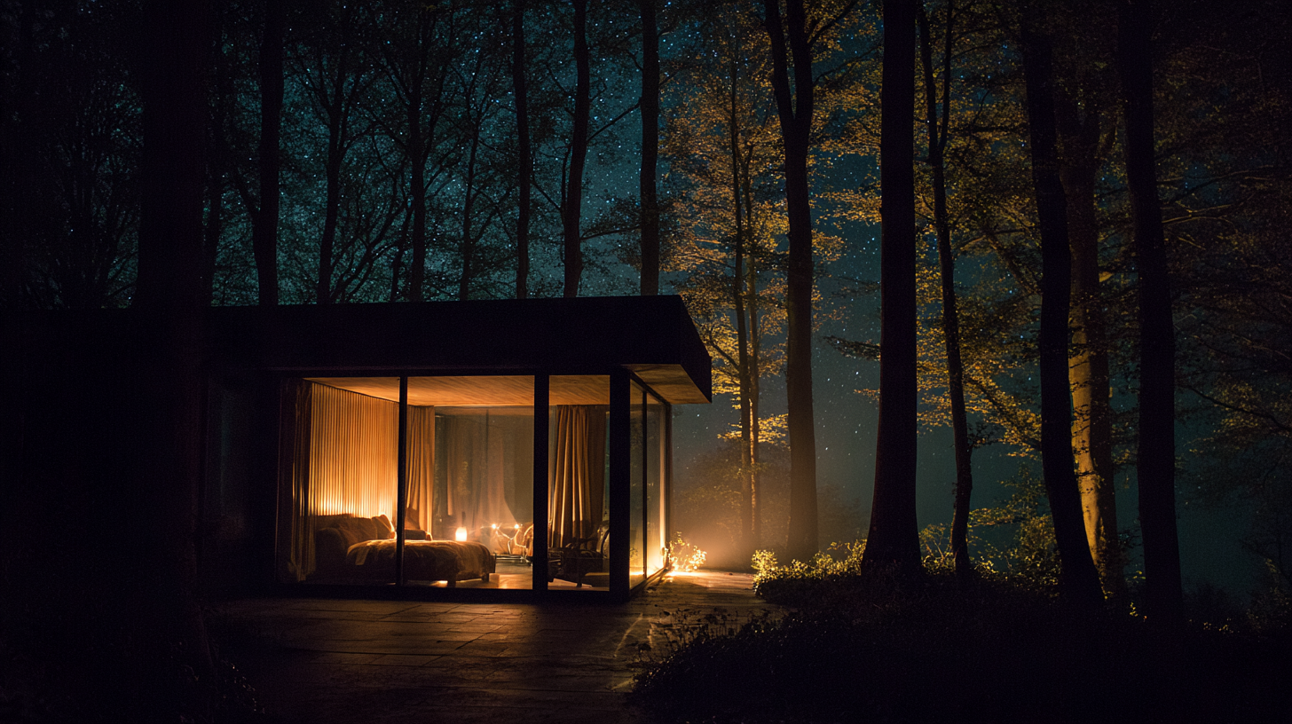 Bungalow vitré en bois dans la forêt ardennaise sous un ciel étoilé