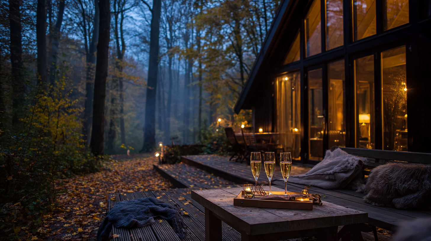 Chalet en bois éclairé au crépuscule avec terrasse, crémant et planche à partager